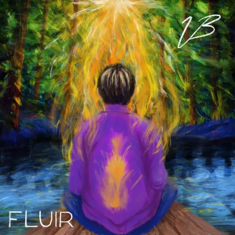 Portada del EP Fluir: ilustración de una persona de espaldas, sentada frente a un río y un bosque